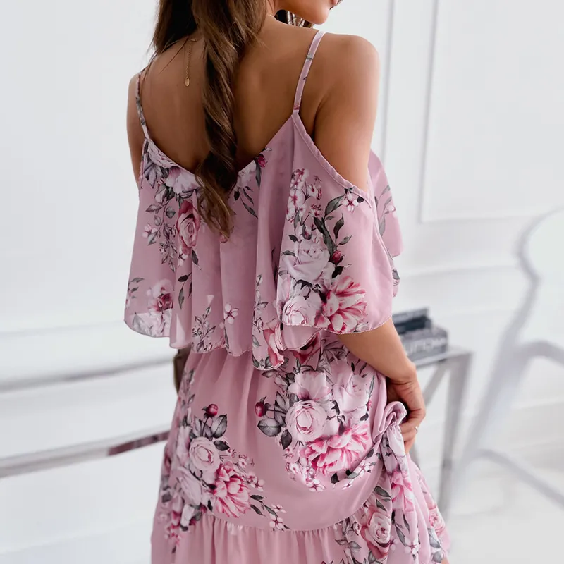 Summer Kobieta seksowny pasek na ramię kwiatowy nadruk elegancka sukienka swoboda damskie szyfonowe plażę boho sukienki vestidos 220509