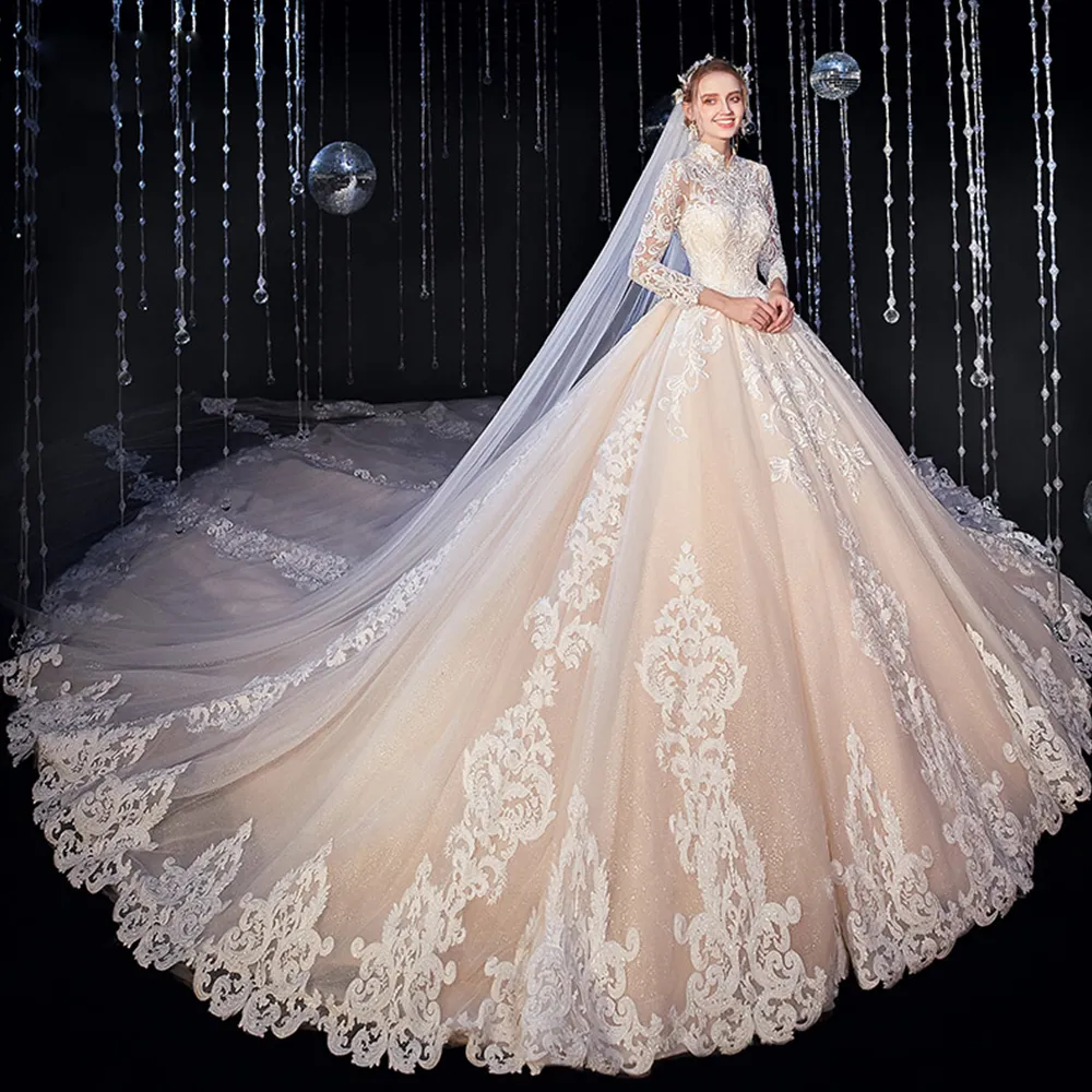 New Arrivals High Neck Three Quarter Sleeve All Over Appliques Lace Super Gorgeous Shiny Ball Gown Wedding Dresses