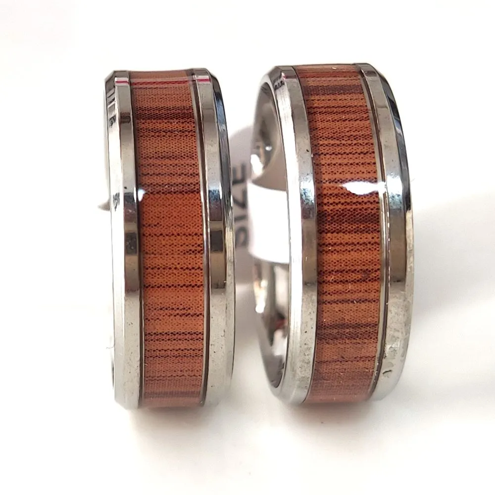 Lotes em massa exclusivos anel preto prateado de 8mm de ajuste de madeira embutida de madeira aço inoxidável ring246r