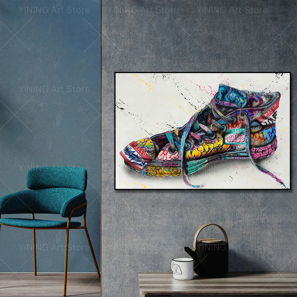 Schuhe malen moderne Graffiti Street Art Canvas Malerei Poster Print Wandkunst Bild für Wohnzimmer Wohnkultur framlos