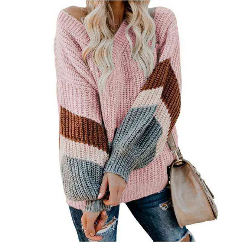 nuovo maglione donna autunno inverno pollo cuore scollo a V manica lanterna contrasto di colore a righe