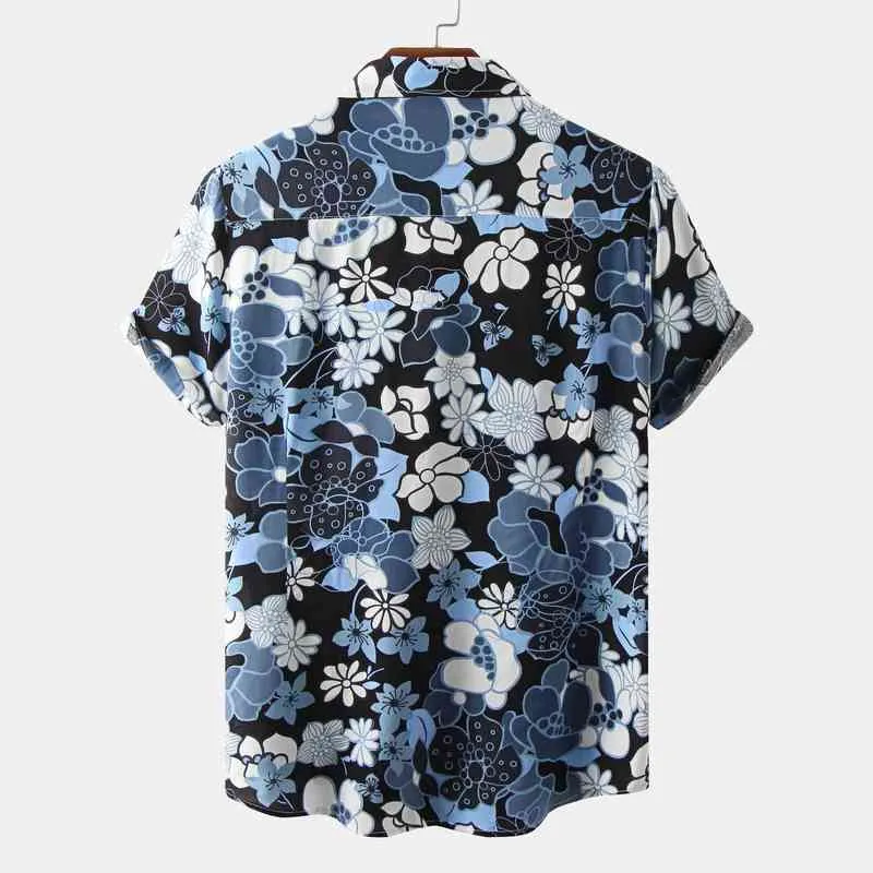 Chemise hawaïenne imprimé fleur bleue hommes 2022 été décontracté à manches courtes boutonné plage chemises florales hommes été Hawaii Chemise 3XL L220704