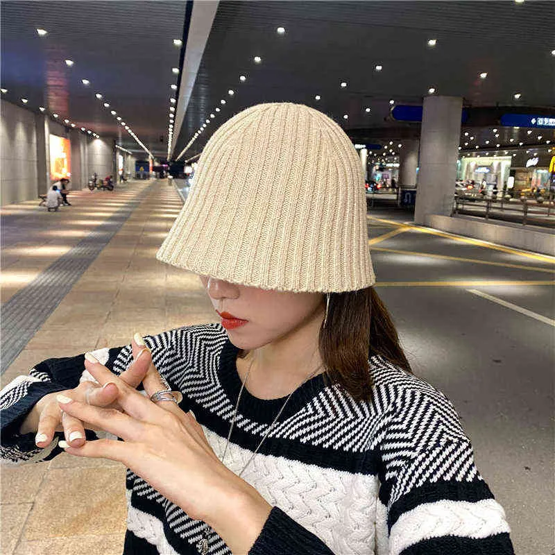 Outono e inverno versão coreana de chapéu de bacia selvagem quente lã pura cor pescador chapéu de malha chapéu g220418