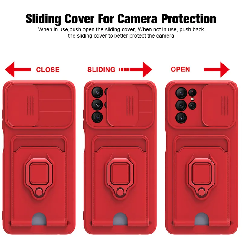 Étuis de protection d'objectif de caméra à glissière pour Samsung Galaxy S22 Ultra A21S A32 A71 A52 A72 A53 A73 fente pour carte couverture de support d'anneau magnétique
