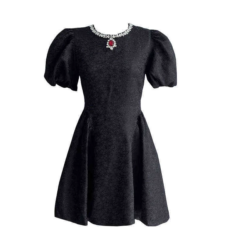 Autumn New Style Bubble Sleeve Heavy Industry Diamond Inlaid Dress Brodery Jacquard Light Luxury Kjol