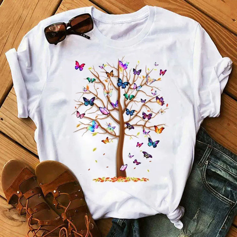 여자 나비 나무 프린트하라 주쿠 여름 Tshirts 캐주얼 둥근 목 목나