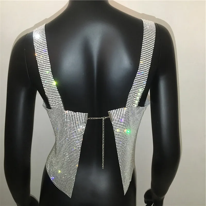 Mulheres Moda Backless Tank Tank Sparkly Sexy Streetwear Ajustável Cadeia De Metal Cristal Lantejoula Clube Party Colheita 220325