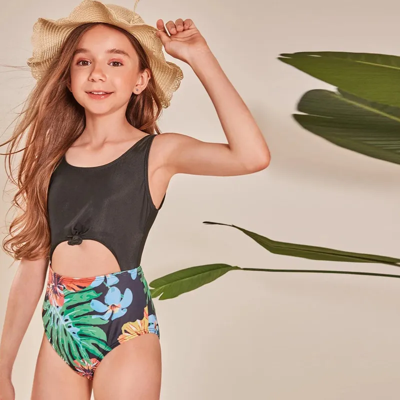 Tropisk tjej baddräkt barn barns badkläder utskuren knut flickor baddräkt monokini 7-14 år simning bodysuit 220426