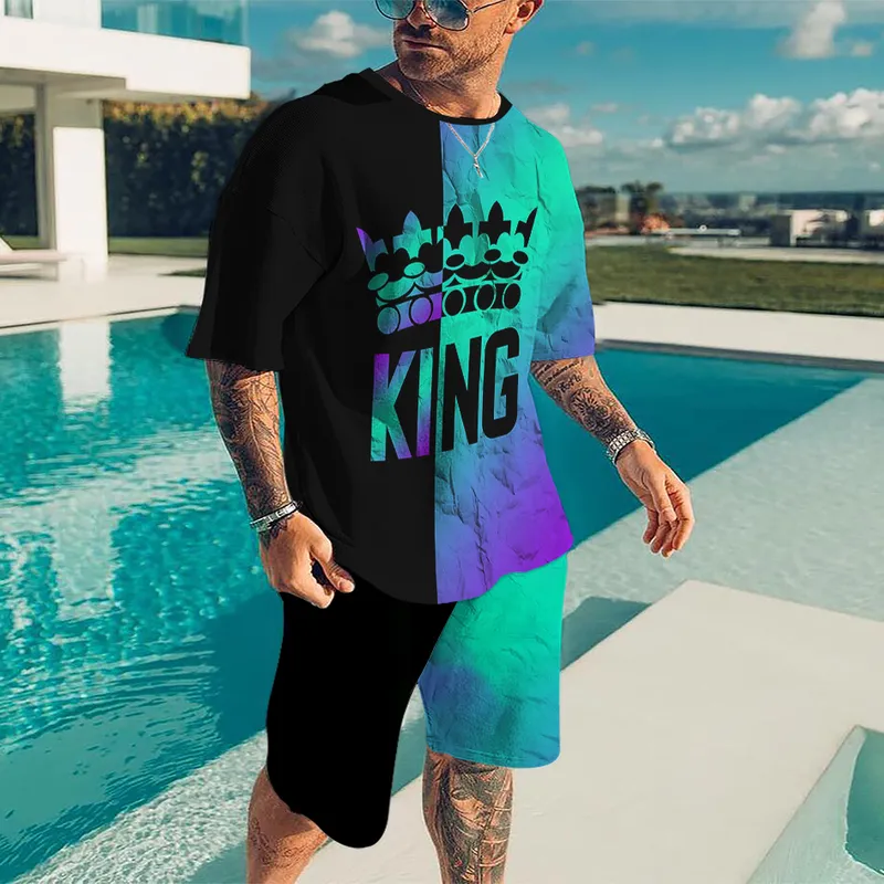 King T Shirt pour hommes été hommes vêtements ensemble mode shorts impression 3D homme survêtement à manches courtes chemises Harajuku 220615