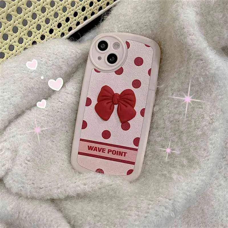 ファッションかわいいInsウインドドット赤い蝶ネクタイ電話ケース用iPhone 13 12 11 Pro最大XS MAX X XR Personality耐衝撃カバーホットAA220325