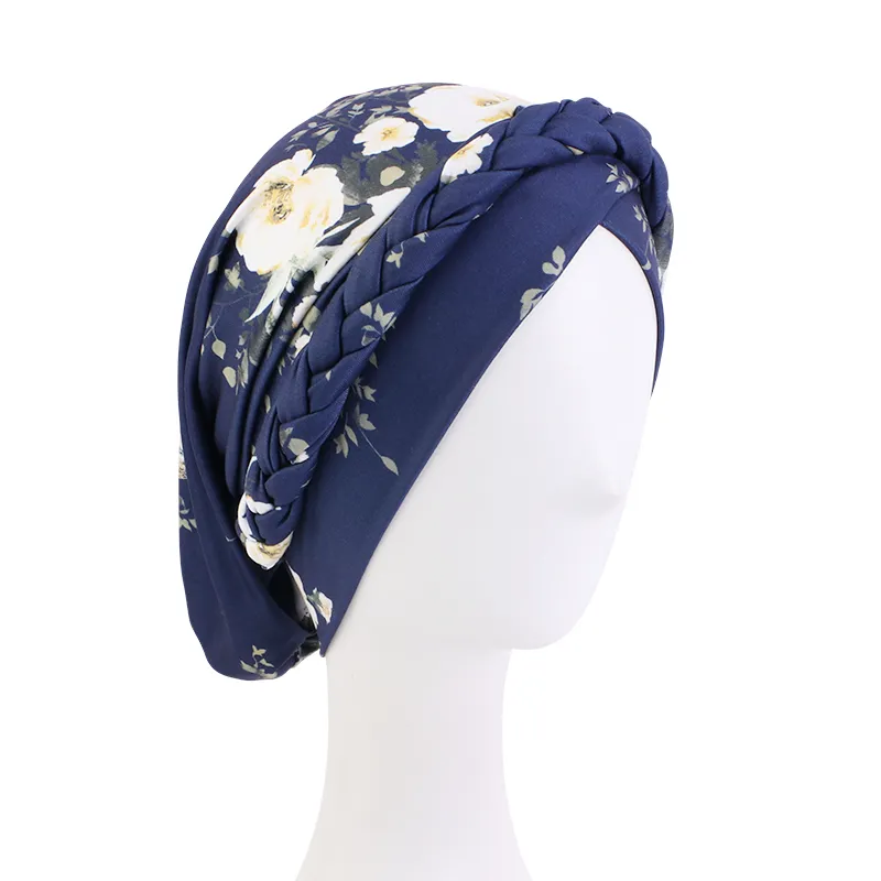 2022 Ny muslimsk bohemtryck flätad turban hatt handgjorda bandanas hijab kvinnor inre kepsar arabiska wrap kemo hattar huvud bär turbante