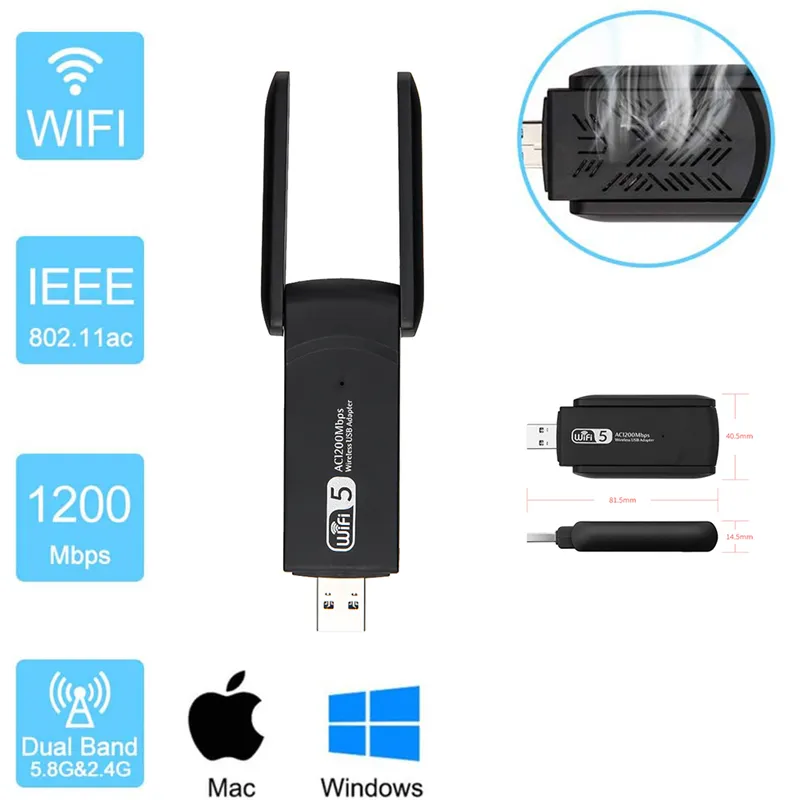 2.4G 5G 1200Mbps Wi-Fi Finder Scheda di rete wireless Dongle Antenna AP Adattatore Wifi Dual Band Wi-Fi Usb 3.0 Lan Ethernet 1200M