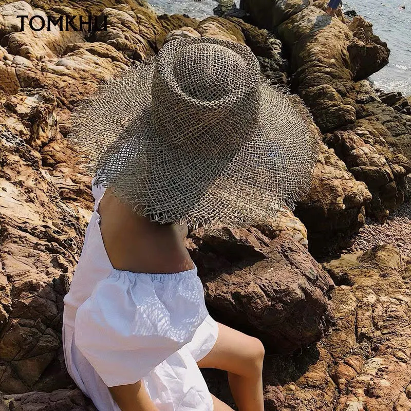 Chapéu feminino fray tecido seagrass boater casual sol praia bonés de aba larga chapéu de verão unissex chapéus de palha para viagens 220607246o