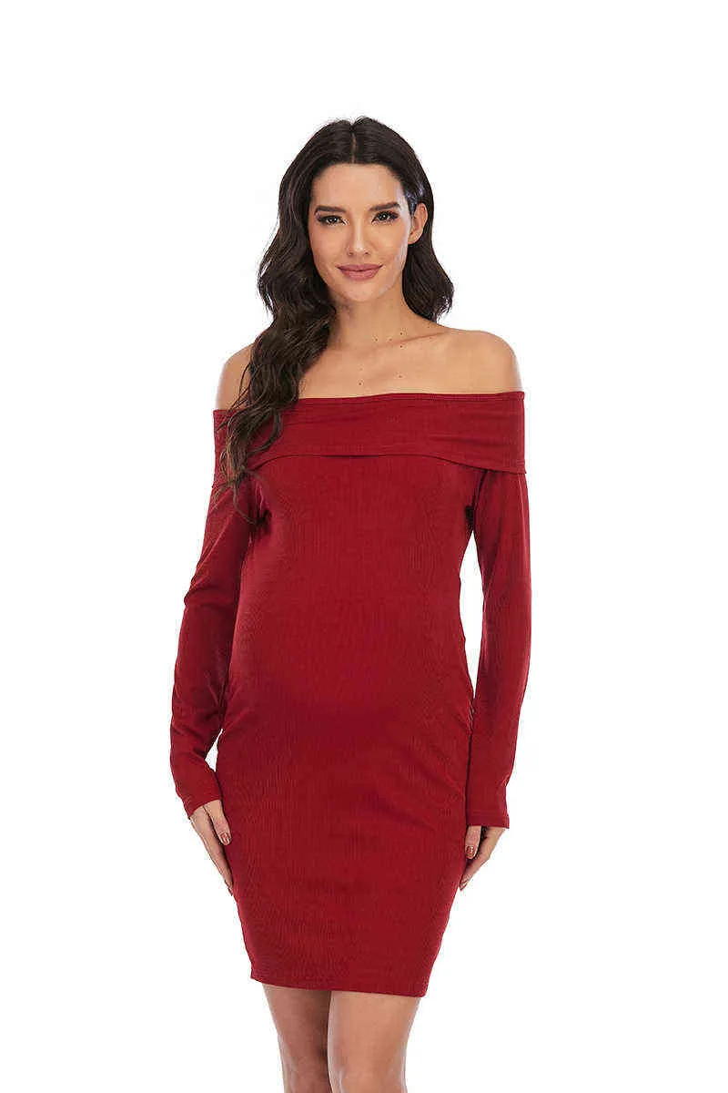 Zwangerschapskleding Casual vaste kleur One-shoulder lange mouwen jurk voor zwangere vrouwen kleding Fotografie Sexy Skinny Vestidos G220309