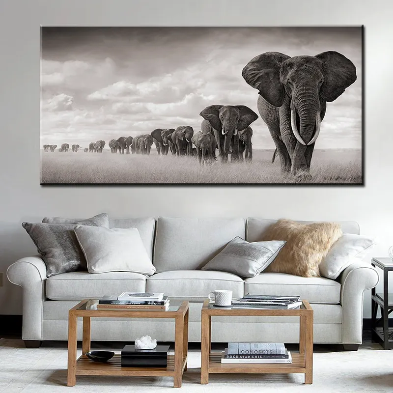 Modern White Black Animals Posters and Prints Wall Art Canvas Painting African Elephant Pictures for Living Room Cuadros Decor