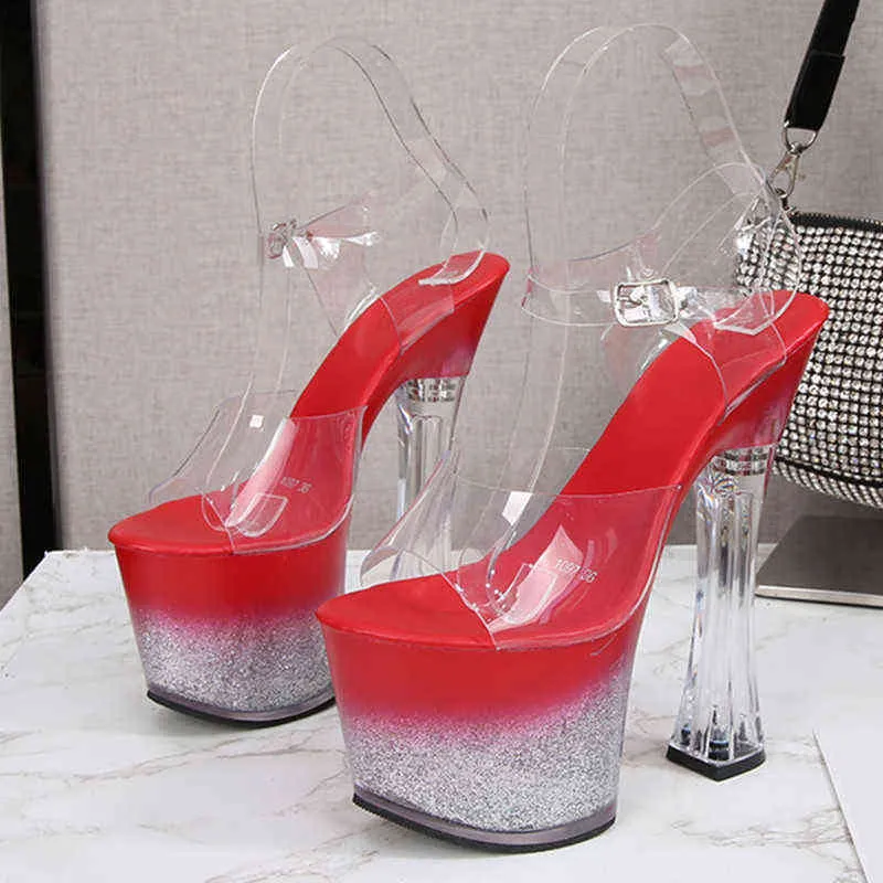 Crystal Show Stripper Thick Heels Clear Shoes Women 2022 Platforms Pink Red Black Sandals Female Transparent Sexy Shoes X0021 Y220409