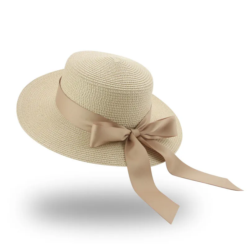 Emmer hoed strand voor platte bovenste lint bowknot elegante luxe stro dames zomer hoeden sombreros de mujer 220617