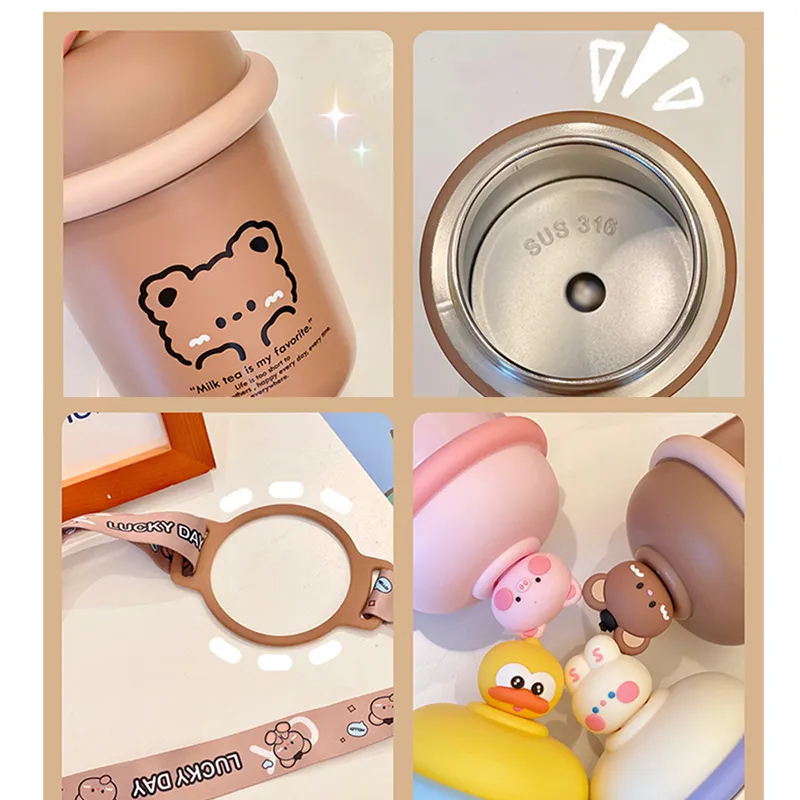 350ml Kawaii Bear Thermos Flask With Strap For Children Girl Stainless Steel Insulated Portable Coffee Tea Hot Water Bottles