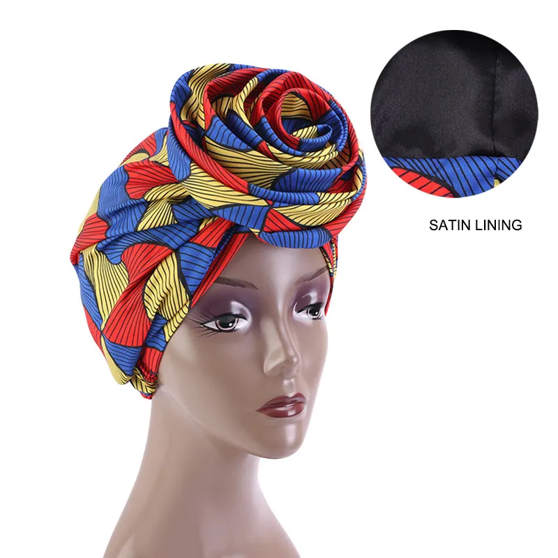 50 TEIL/LOS Afrikanische Print Stretch Bandana Kopf Wrap Lange Schal satin Floral Ankara Dashiki Frauen Party Turban Kopfbedeckung Kappe
