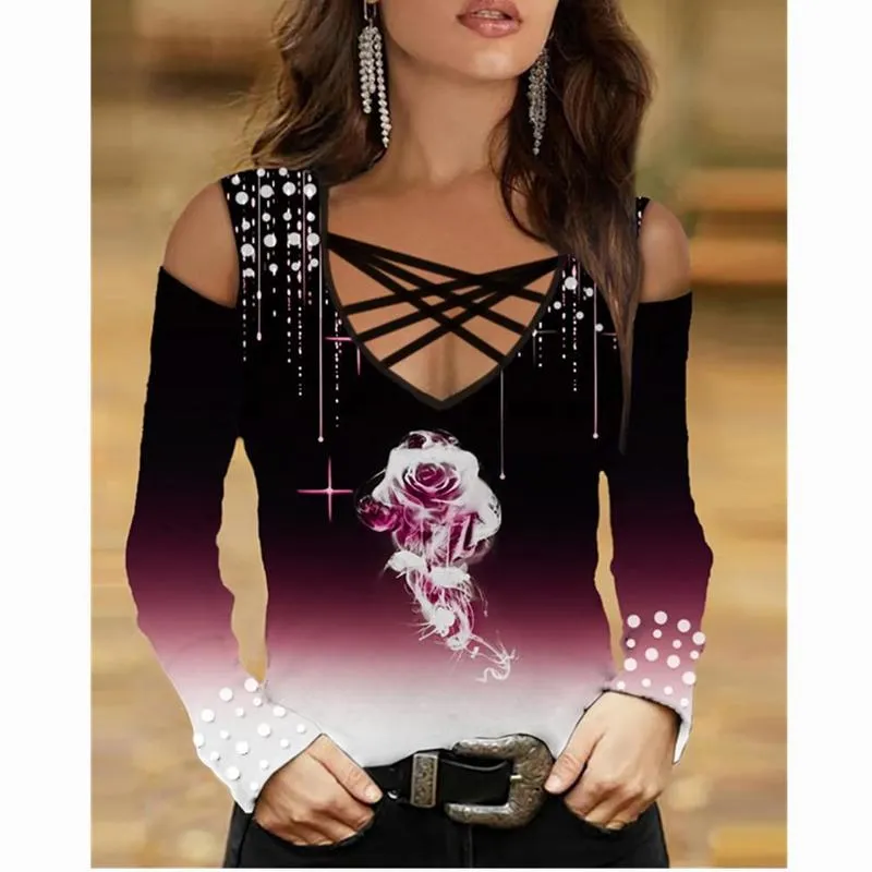 SNAKE YX Women's Cross-neck Rose Print Off-shoulder Slim Long-sleeved Top Oversized T-shirt 220801