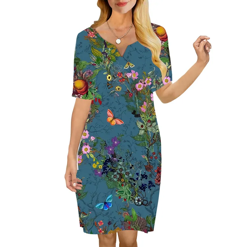 Женское платье с красивыми цветами и 3D-принтом с v-образным вырезом, свободное повседневное платье с короткими рукавами для женских платьев, винтажное платье 220616