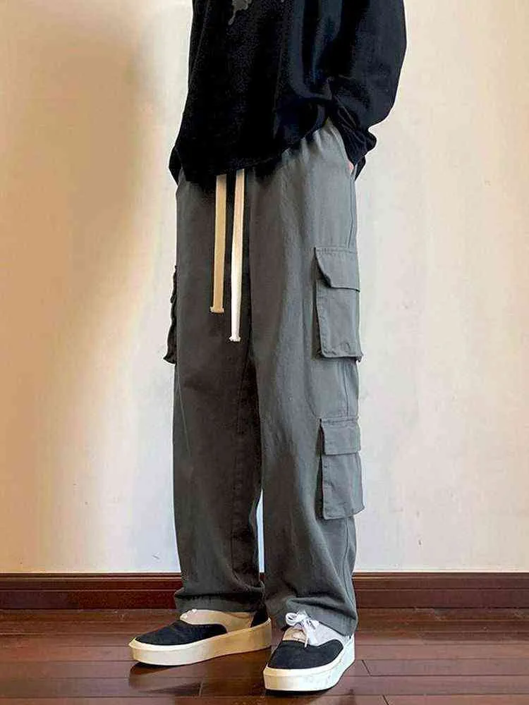 Foufurieux Pantalon cargo ample droit multi-poches pour hommes 2022 Nouvelle couleur unie Noir Kaki Pantalon décontracté Coréen Pantalon de survêtement ample G220713