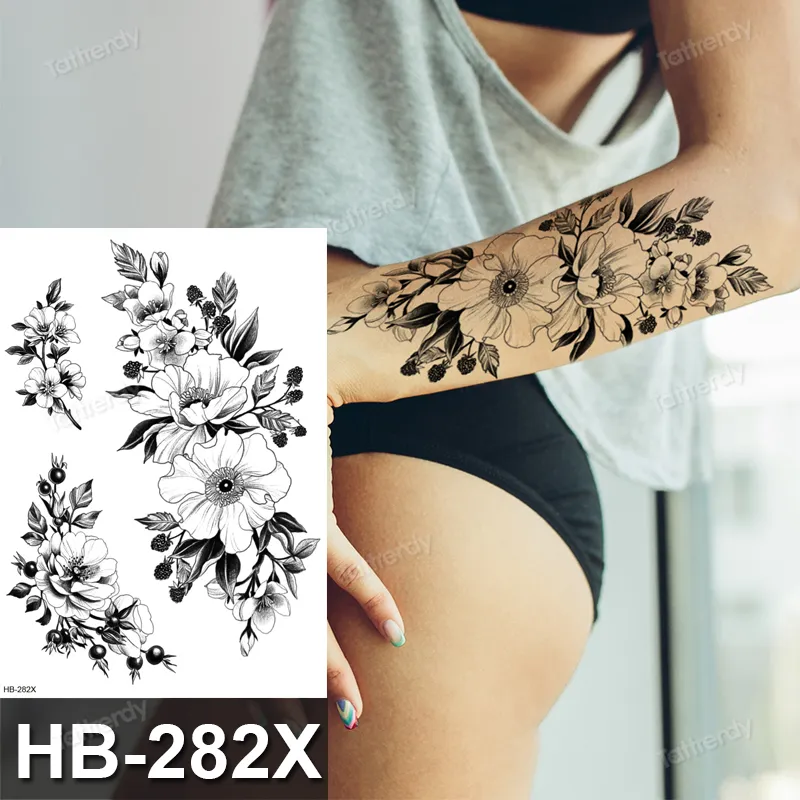 Tatouage Autocollant fleur grand corps art imperméable temporaire sexy fixe pour femme fausse eau noire croquis manche 2205145743604