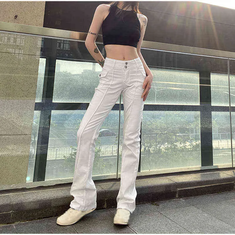 Vintage White Low-rise Striped Flare Denim Pants Mall Goth Indie Aesthetic Bags Patchwork Jeans Women Y2k Wide Pipe Pants L220726