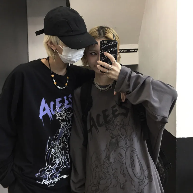 Harajuku casual män långärmad t-shirts kvinnlig svart gotisk tecknad vintage tryck streetwear baggy lös hip hop bf t skjortor 220708