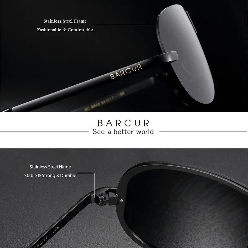 BARCUR Polarized Black Sunglasses Male Rimless Yellow Glasses Men Driving Night Vision Eyewear Accessories 220513