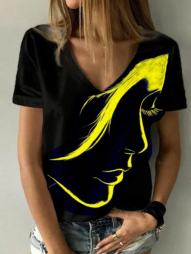 Moda mujer retrato abstracto pintura camiseta de talla grande estampado verano cuello en V Tops básicos negro 3D impresión camisa 220526