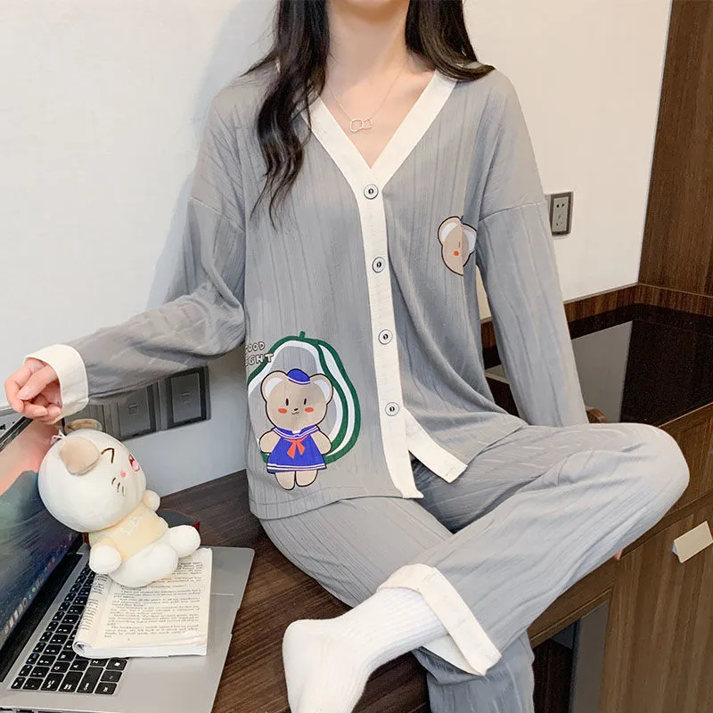 Весна 180 г молока + хлопок Silk Pit Plass V-образным вырезом кардиган кнопка Длинные рукава брюки пижамы женские костюмы домашнего обслуживания девушки P 220329