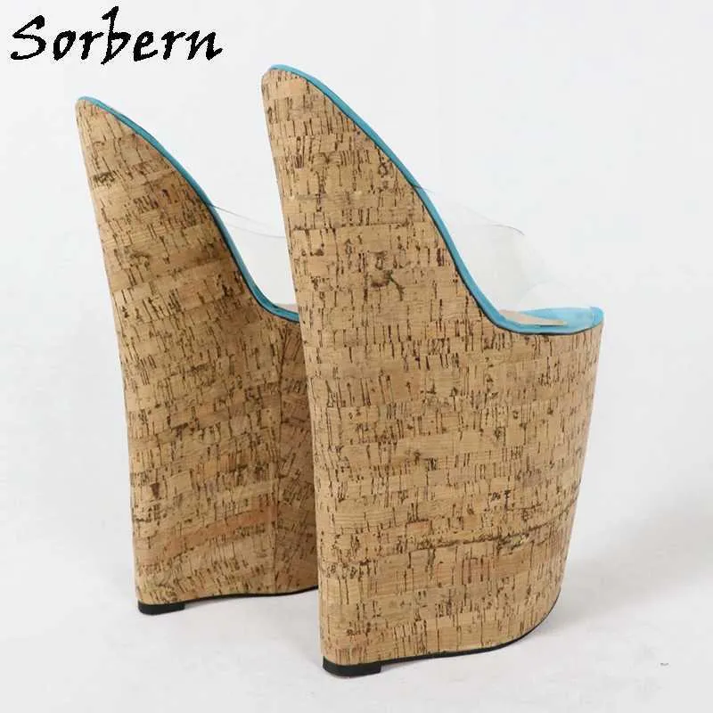 Sorbern odosobniony na zamówienie 13 cali Sandal Kobiety Extreme High Heel Slip On Przezroczyste PCV Otwarte Toe Cork Wygląda Kliny Letnie Buty