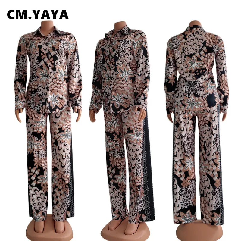 CM.YAYA Autumn Winter Peacock Women's Set Button Up Blouse Shirt Tops and Pants Elegant Tracksuit Two Piece Fitness Outfits 220315