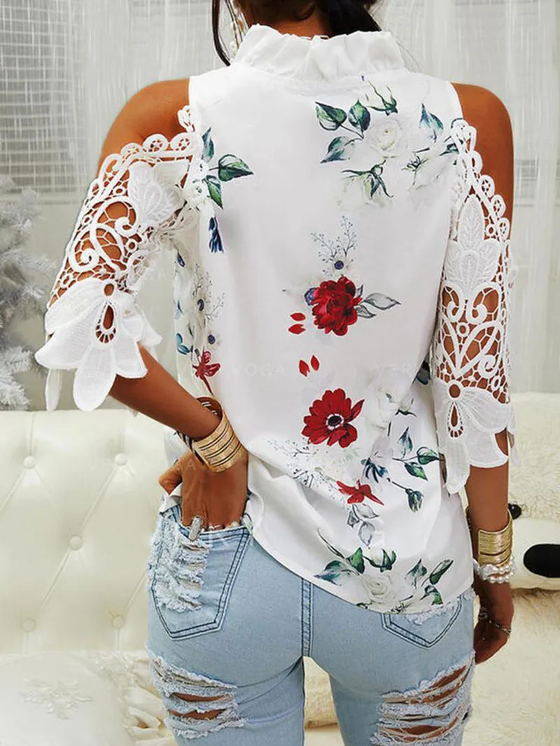 Moda seksowna koronkowa panel z ramion T-shirt Elegancki kwiatowy nadruk Ruffled V-Neck Quarter White Tops White Street 220511