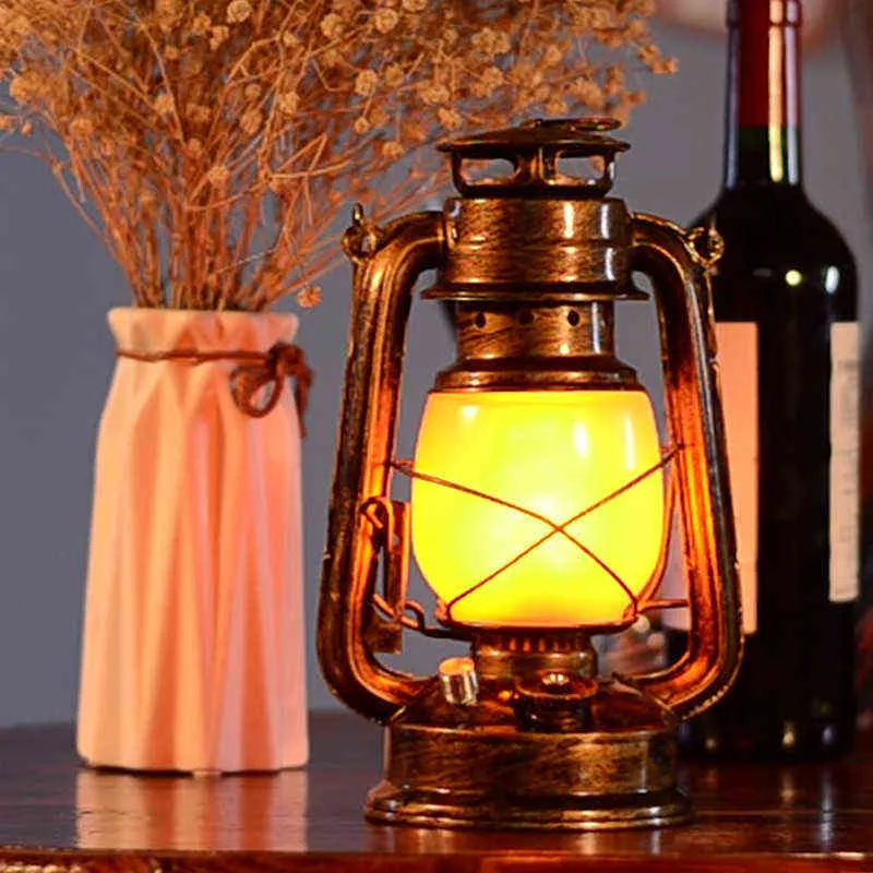 25cm Creative Rechargetable rétro Lanterne portable en plein air Camping Kerosene Lampe Night Light Dynamic Flame Lampe LED Lampe de table 2 W220330