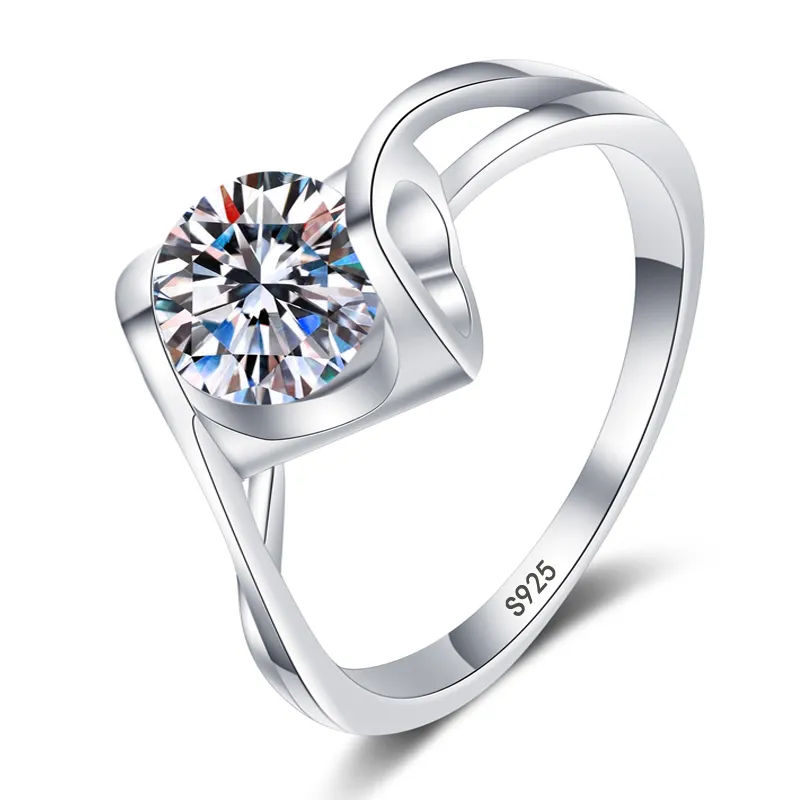 S925 anillo de plata lindo simétrico corazón hueco incrustaciones redondo solitario Zirconia diamante boda banda para mujer