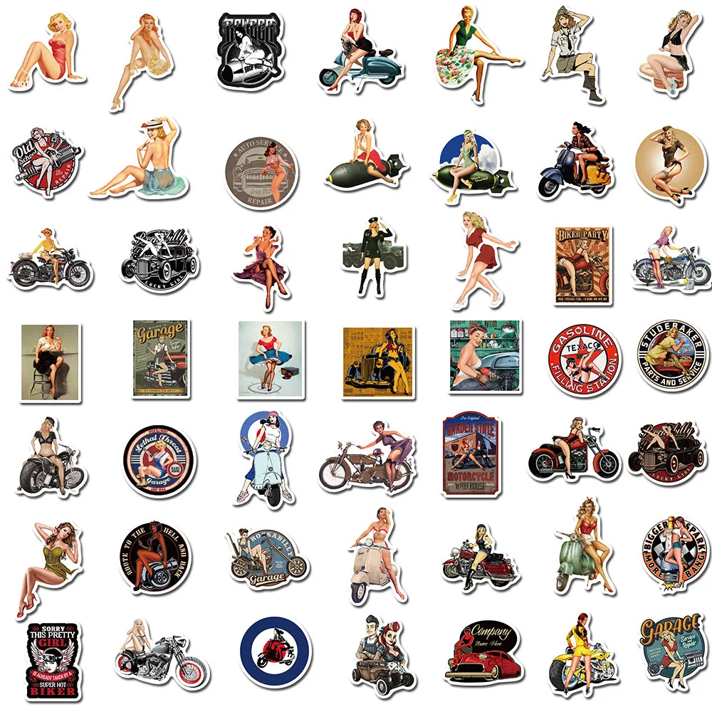 Nieuwe sexy 100 stks retro motorfiets meisje cartoon graffiti stickers diy motorfiets laptop gitaar bagage waterdichte kinderen klassieke speelgoedsticker
