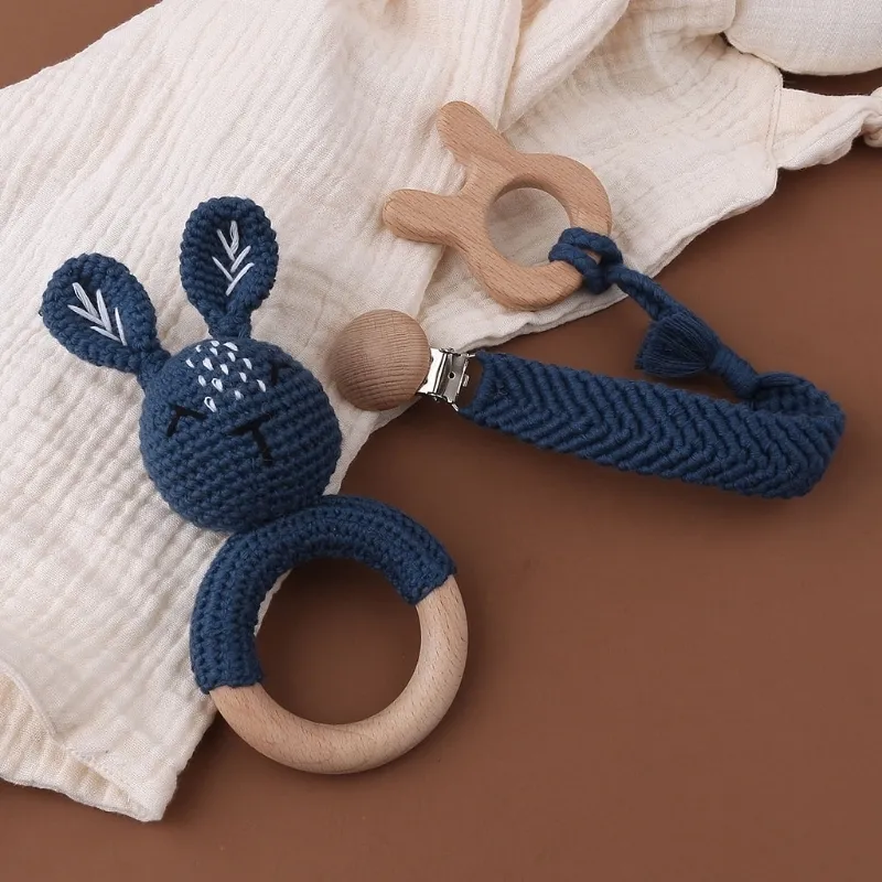 Crochet Bunny Baby Teether Rattle Safe Beech träring PACIFIER CLIP CHAND SET Född Gym Pedagogisk leksak 220428