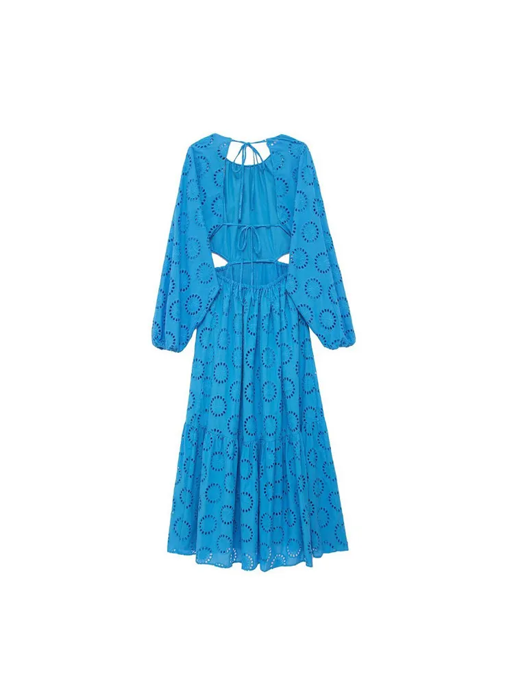 Kumsvag Summer Women Vintage Midi Dress Solid Hollow Out Embroidery Oneck女性エレガントなルーズパーティードレスVestidos 220704