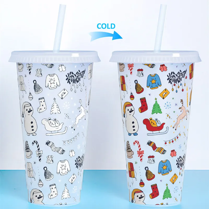 24oz/710ml 크리스마스 할로윈 머그 컬러 바꾸기 워터 컵 냉담한 음료 컵 과일 차 pp 온도에 민감한 플라스틱 컵 선물