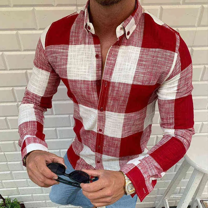 Nouveau Printemps Hommes Chemise Oversize Top Plaid Revers Bouton À Manches Longues Casual Chemise Lâche Pour Hommes Mode Vêtements Homme Tee L220704