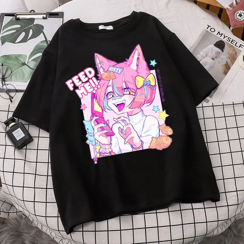 Karikatür Baskı Güzel Kız Tatlı Anime Kısa-Kollu Y2K Yaz Kadın T-Shirt Japon Sokak Çift Trend Spor giyim