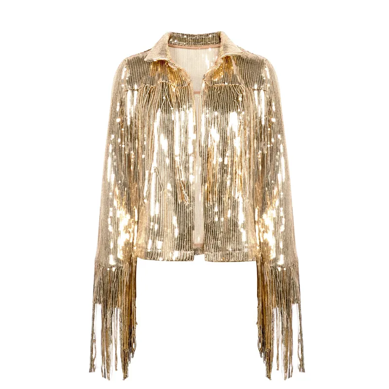 Performance Silver Tassel Sequin Jacket Retro Longsleeved Silver Reflective Jacket Women Outwear Tops Sequin Coat Womens 220722