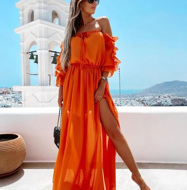 Yiiciovy Sexy Women Beach Chiffon Dress Bikini CoverUps Long Sleeve Ruffles Off Shoulder High Waist Split Sundress CoverUps 220527