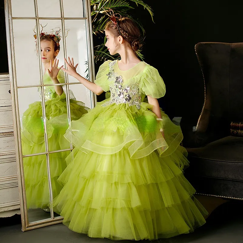 2022 Sevimli Çiçek Kız Düğün Dantel Çiçek Aptalları İçin Elbiseler Katmanlı Etekler Seated Yeşil Kızlar Pageant Elbise Çocuk Doğum Günü Partisi