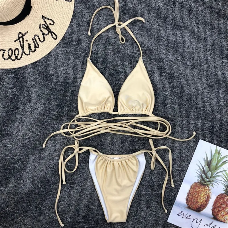 Gnim Seksi Brezilyalı Thong Bikini Mujer Mayo Kadınlar Bandage Solid Mayo Mikro Set Yaz Plaj Giyim Mim Takım 220616
