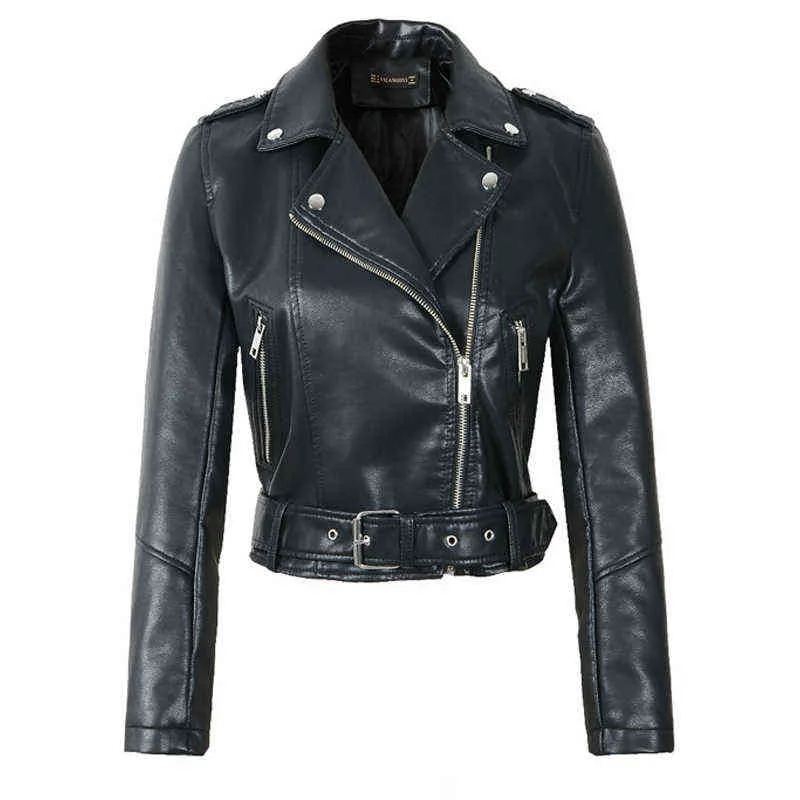 Women Faux Soft Leather Short Jacket Rivet Epaulet Zipper Pu Motorcycle Basic Jackets Female Red Black Outerwear With Belt L220801