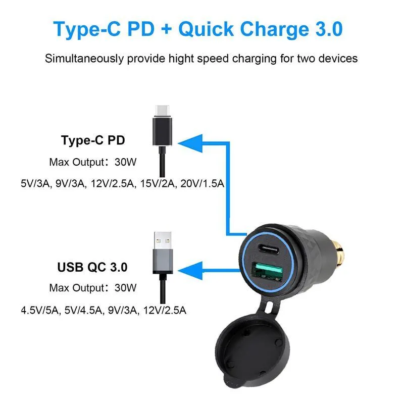 Chargeur USB 30W en aluminium PD type-c QC 3.0, adaptateur de chargeur rapide étanche pour prise ella Din pour motos Triumph