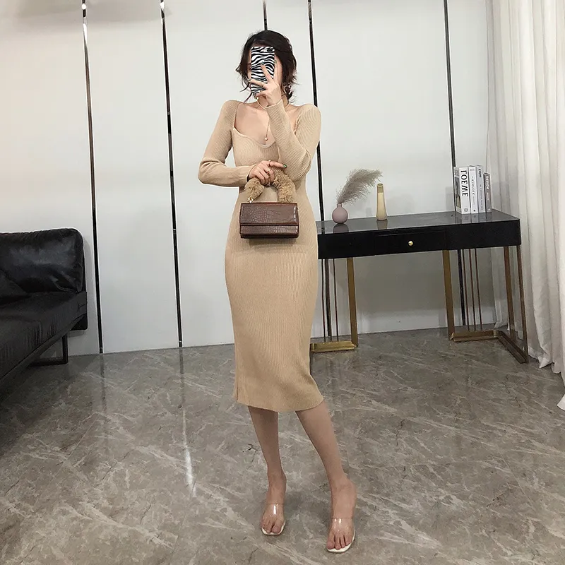 Kadınlar için Elbiseler Seksi Straplez Nervürlü Örme Bodycon Elbise Kadın Kış Uzun Kollu Midi Kazak Elbise Giysileri 220316